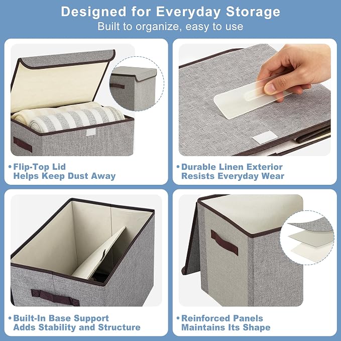 Bagnizer Large 17" 42 Quarts Collapsible Stackable Storage Bins with Lids [3-Pack] Foldable Fabric Linen Storage Boxes Cube, Closet Organizer Baskets with Label for Home (16.7 x 12 x 12, Gray)