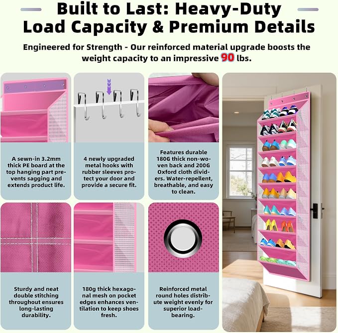 PAULONE 10-Pocket Multi-Use Over the Door Organizer, Heavy Duty 95lbs Capacity with Breathable Mesh, Versatile Hanging Storage for Shoes, Toys, Office Supplies-Classic (Blush Pink, 10-Shelf,)
