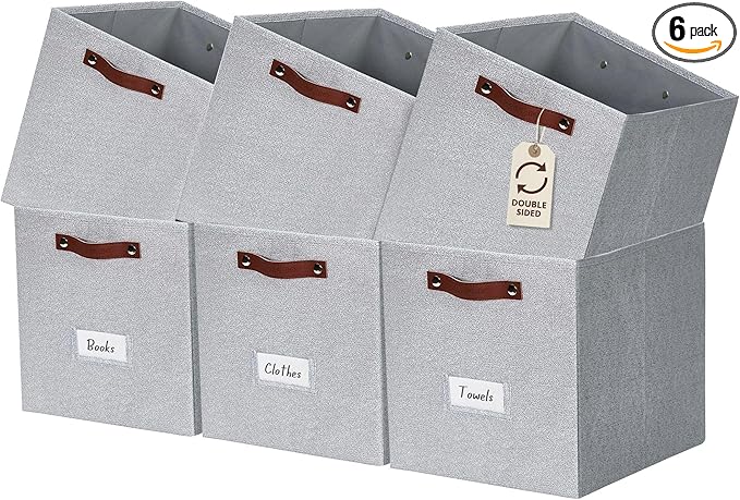 DECOMOMO Storage Bins, Cube Storage Bin with Labels | 13" x 13" x 13" Fabric Storage Cubes for Shelves (6pcs, Light Texture Grey)