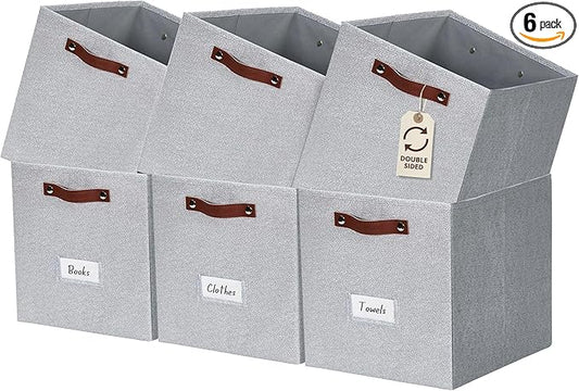 DECOMOMO Storage Bins, Cube Storage Bin with Labels | 13" x 13" x 13" Fabric Storage Cubes for Shelves (6pcs, Light Texture Grey)