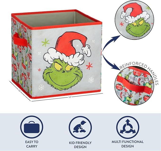 Idea Nuova Storage Cubes for Kids,2 Pack Collapsible Fabric Bins with Handles, Holiday Organizer Boxes for Bedroom, Playroom & Nursery, Festive Christmas Storage Baskets,Grinch Dr. Seuss