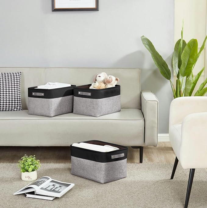 DECOMOMO Storage Bins, Large Fabric Storage Baskets for Shelves, Decorative Linen Closet Organizer, 15 x 11 x 9.5 inches (Grey & Black, 3 Pack)