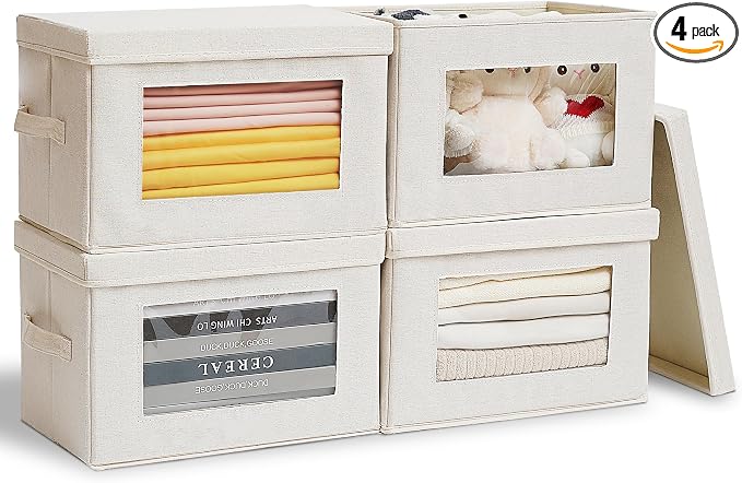 4-Pack 15" Fabric Storage Bins with Lids, Closet Organizers and Storage Boxes with Clear Window, Foldable Clothes Baskets for Blankets, Beige