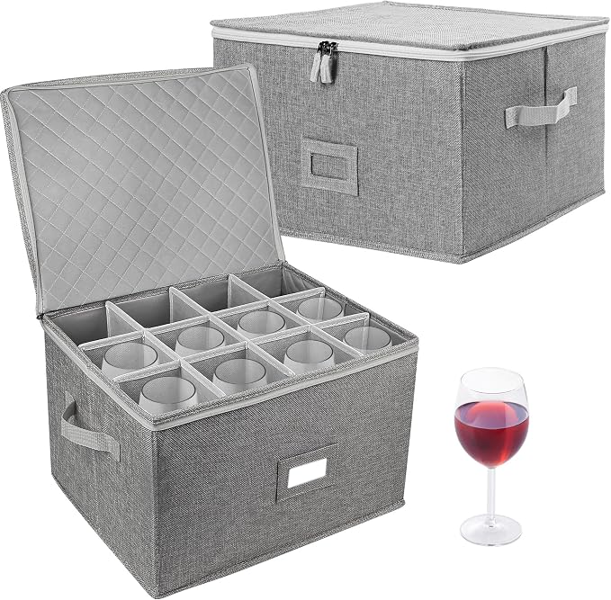 LotFancy Stemware Storage Container for Moving, Hard Shell, 2 Pack, Stackable Wine Glass Storage Box with Dividers & Handles, Crystal Glassware, Champagne Flute, Drinkware Case, Gray