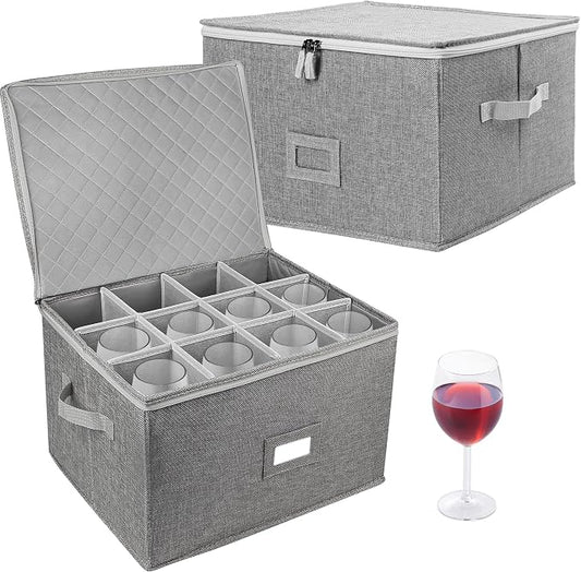 LotFancy Stemware Storage Container for Moving, Hard Shell, 2 Pack, Stackable Wine Glass Storage Box with Dividers & Handles, Crystal Glassware, Champagne Flute, Drinkware Case, Gray