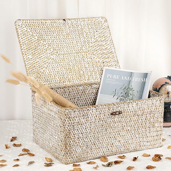 Hipiwe Wicker Woven Baskets Bin with Lid Natural Seagrass Basket Storage Bin Rectangular Household Basket for Shelf Wardrobe Home Decor, Whitewash, X-Large