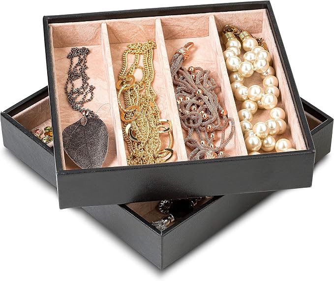 Glenor Co Jewelry Organizer Tray - Set of 2 - Stackable 8 Slots Jewelry Storage Trays - Display on Dresser or Drawer - for Necklace & Bracelet - Compatible with Other Trays - Black
