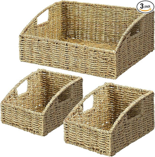 Rattan Storage Baskets, Handwoven Wicker Storage Bins with Built-in Handles, Storage Container Baskets for Shelves, Bedroom, Bathroom, Laundry Room or Kitchen(Green)