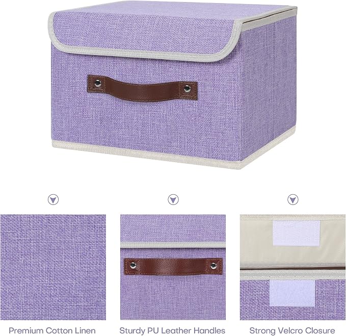 ANMINY Storage Bin with Lid Storage Boxes with PU Leather Handles PP Plastic Board Decorative Foldable Lidded Cotton Linen Fabric Home Cubes Baskets Closet Organizer Container - Purple, Small Size