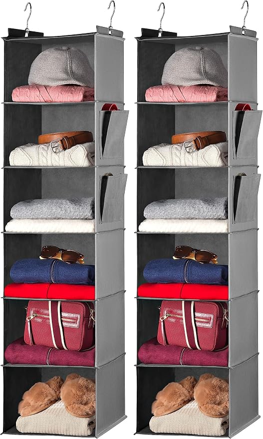 Hanging Closet Organizer - 6 Shelf Storage for Clothes, Sweaters, Shoes & Accessories - Space-Saving Wardrobe Shelves with Hooks for Dorm, RV & Small Closet Organization (Grey) (Pack of 2)