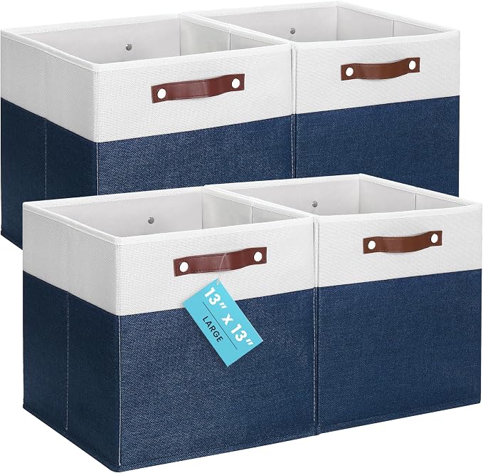 OrganiHaus 13x13 Cube Storage Bins, Set of 4 - Fabric Storage Cubes | Sturdy, holds its shape; odor-free; fits IKEA Kallax and Expedit; vegan leather handles