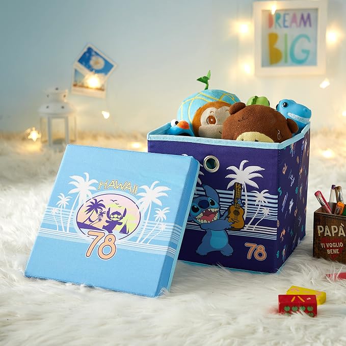 Lilo & Stitch Collapsible Storage Cube with Removable Lid,10"x10"x10" Fabric Organizer Bin for Kids’ Toys, Clothes & Accessories, Bedroom or Playroom Storage Box