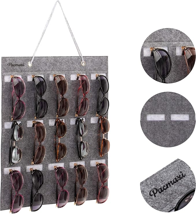 PACMAXI Sunglasses Storage Organizer, Wall Pocket Mounted by Sunglasses, Hanging Eyeglasses Storage Holder, Eyewear Display. (Grey, 15 Slot)