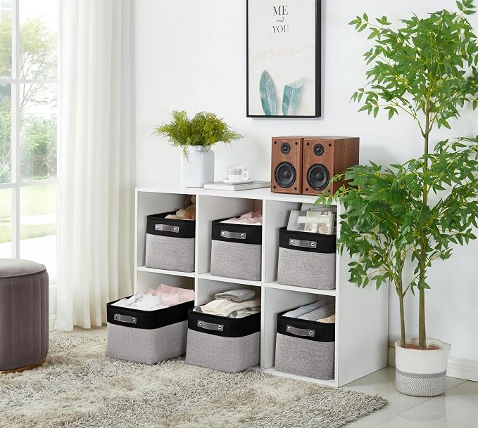 DECOMOMO Storage Bins, Extra Large Fabric Storage Baskets for Shelves, Decorative Linen Closet Organizer, 15.8 x 12.5 x 10 inches (Grey & Black, 3 Pack)