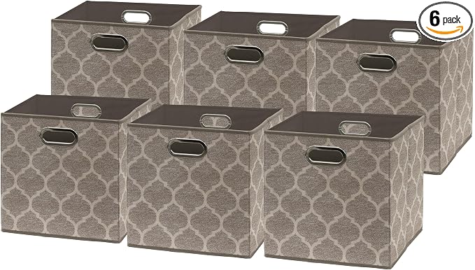 Simple Houseware 11-Inch Collapsible Fabric Cube Storage Bin with Handles, Printed Design, 6 Pack, Beige