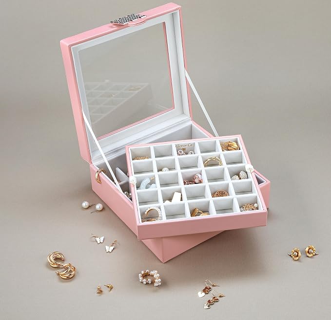 Glenor Co Earring Organizer - Classic 50 Section Jewelry Box/Case/Holder for Earrings, Rings, Necklaces, Jewelry, Cufflinks or Collections -2 Layer Small Compartments with Large Glass Top - Soft Pink