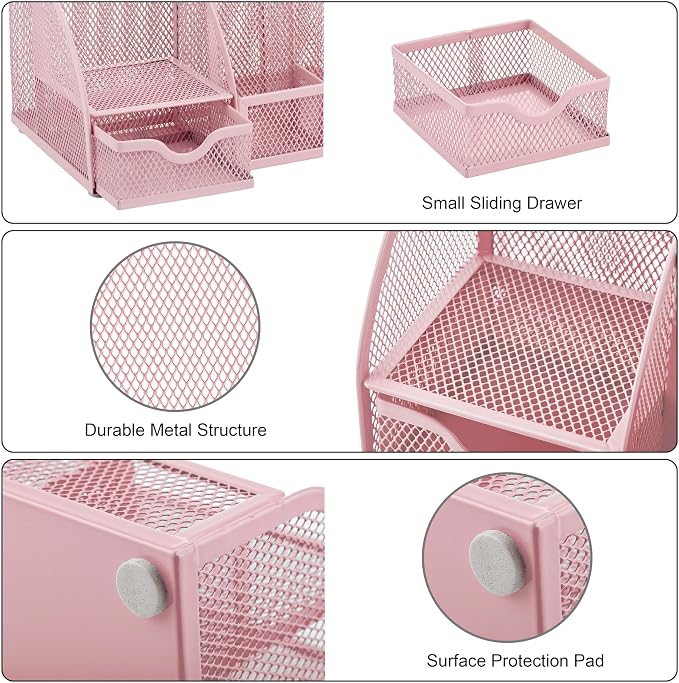 Exerz Desk Organizer Light Pink Office Desk Accessories Supplies Office Storage Desktop Pencil Pen Holder with Drawer Home Workspace