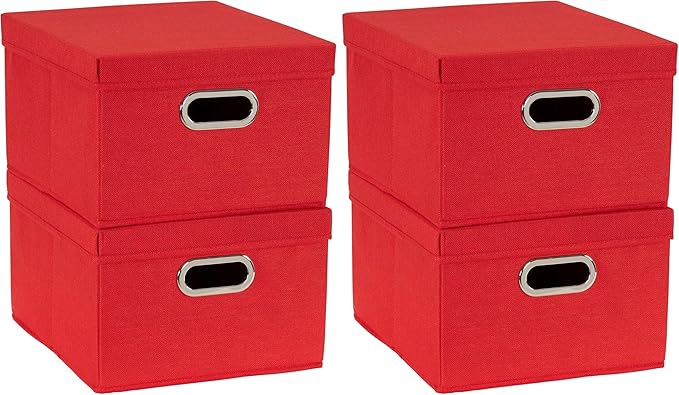 Household Essentials Storage Bins with Lids and Chromed Grommet Handles, Set of 2, Textured Linen Look, Red (Pack of 2)