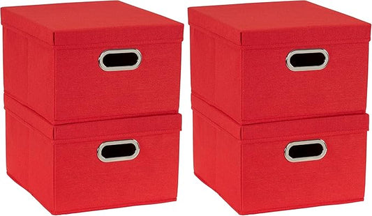 Household Essentials Storage Bins with Lids and Chromed Grommet Handles, Set of 2, Textured Linen Look, Red (Pack of 2)