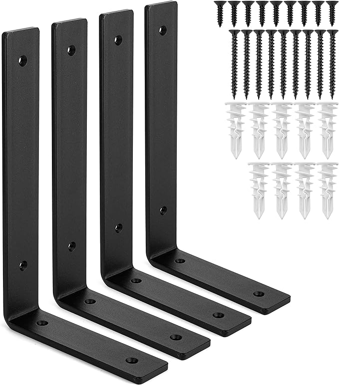 Heavy-Duty Shelf Brackets - Premium Construction Grade 1/4" (6mm) Thick Steel - Matte Black Iron Finish for Modern Farmhouse Rustic Open Shelving w/ Hardware, 4-Pack (L Bracket 10" x 6")