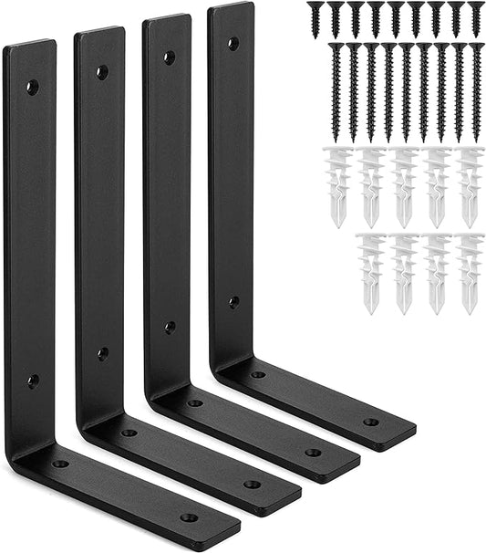 Heavy-Duty Shelf Brackets - Premium Construction Grade 1/4" (6mm) Thick Steel - Matte Black Iron Finish for Modern Farmhouse Rustic Open Shelving w/ Hardware, 4-Pack (L Bracket 10" x 6")