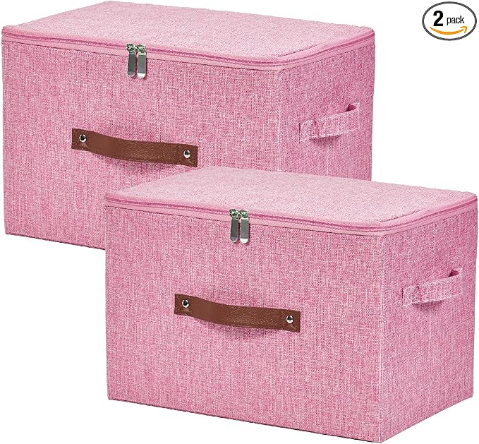 2 Pack Storage Bins with Zipper Lid Cotton Linen Fabric Lidded Storage Baskets Boxes Foldable Washable Closet Shelf Clothes Organizer Container with PU Leather Handles (Pink, Large)