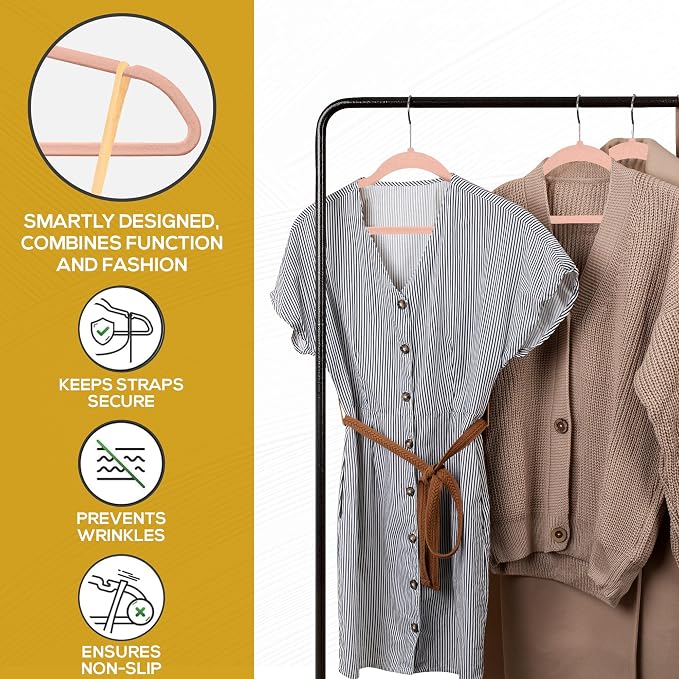 Techzoo 50 Pack New Premium Quality Velvet Hangers Ultra Thin Non Slip Adult Felt Space Saving Hangers for Closet Heavy Duty Coat Pants Jackets Dress Hangers 360° Swivel Hook Hold Upto 10lbs Rose Gold
