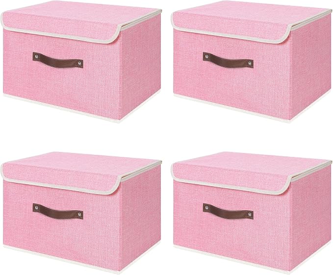 ANMINY 4PCS Storage Bin with Lid Storage Boxes with PU Leather Handles PP Plastic Board Decorative Foldable Lidded Cotton Linen Fabric Home Cubes Baskets Closet Organizer Container - Pink, Medium