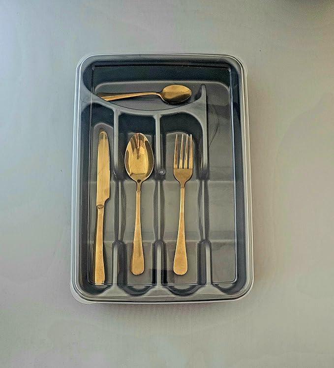 BLACK PEARL Utensil and Silverware Organizer tray for drawer with cover -Cutlery Flatware Organizer with lid - for kitchen drawer, BBQ, picnic, Covered flatware tray,5 Compartments - Plastic (SILVER)