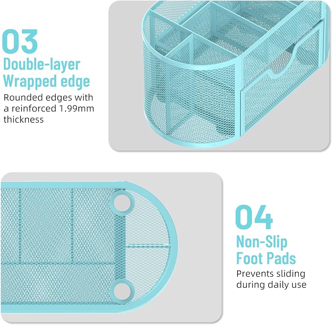 SUPEASY Mesh Desk Organizer, Desk Accessories & Workspace Organizers with Drawers, Pencil Holder for Desk with 9 Compartments for Office Suppliess, 8.6 x 4.3 x 4.1 Inch, Blue