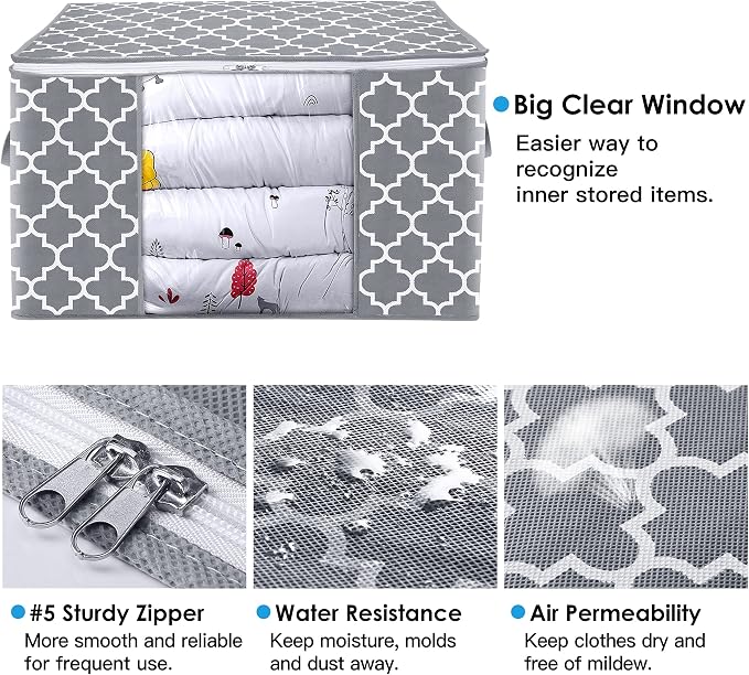 WISELIFE Storage Bags, Large Blanket Clothes Organization and Storage Containers for Bedding, Comforters, Foldable Organizer with Reinforced Handle, Clear Window,Sturdy Zippers,(Light Grey, 6 x 100L)