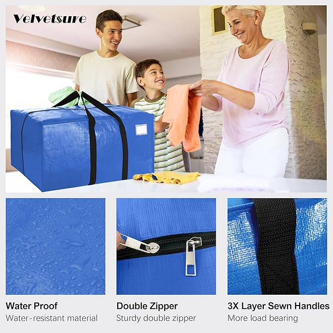 VELVETSURE 12 Pack Heavy Duty Extra Large Moving Bags W/Backpack Straps - Strong Handles & Zippers, Storage Totes For Space Saving, Fold Flat, Alternative to Moving Box and Storage Bin, Multicolor