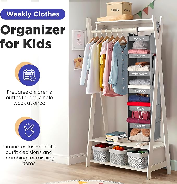 Handy Laundry Hanging Clothes Organizer for Kids - 6-Shelf Closet Daily Clothing Organization Labeled Shelves with Days of The Week Monday Through Friday, Weekday and Weekend (Grey)