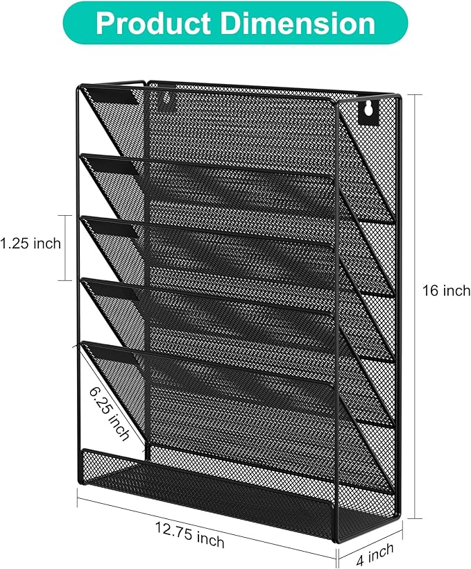EasyPAG 5 Tier Wall File Holder, Mesh Hanging Folder Organizer with Classify Label, Versatile Desk File Holder, Vertical Wall Mounted Mail Organizer for Office Home Cubicle, Black