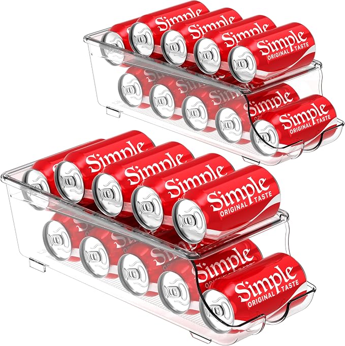 Simple Houseware 2-Pack Auto-Rolling Beverage Can Organizer for Fridge | Clear, Set of 2, Front-Loading Soda Dispenser with Smooth Glide Design, Space-Saving Refrigerator Storage Bins