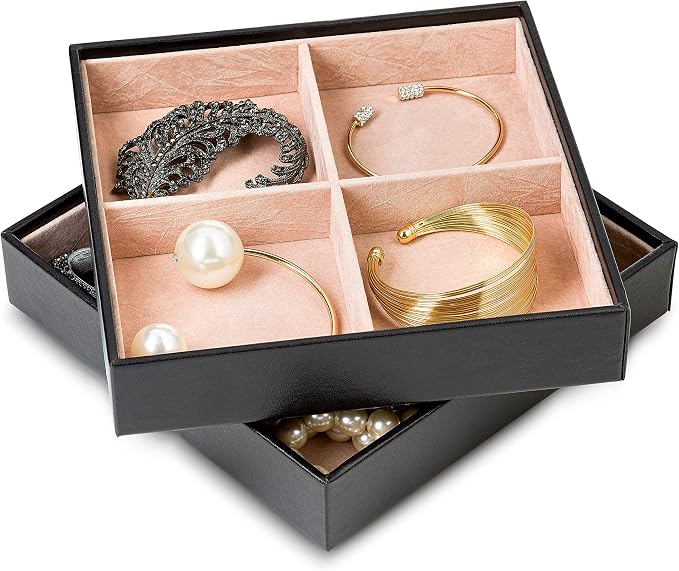 Glenor Co Jewelry Organizer Tray - Set of 2 - Stackable 8 Square Slot Jewelry Storage Trays - Display on Dresser or Drawer - Compatible with other trays - Black