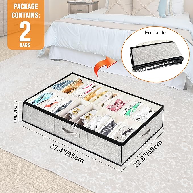 homyfort Shoe Storage Organizer Under Bed, 2 Pack Fits 32 Pairs, Extra Large Shoe Container, Breathable Fabric Underbed Storage for Sneakers, Slippers, Closet, Grey