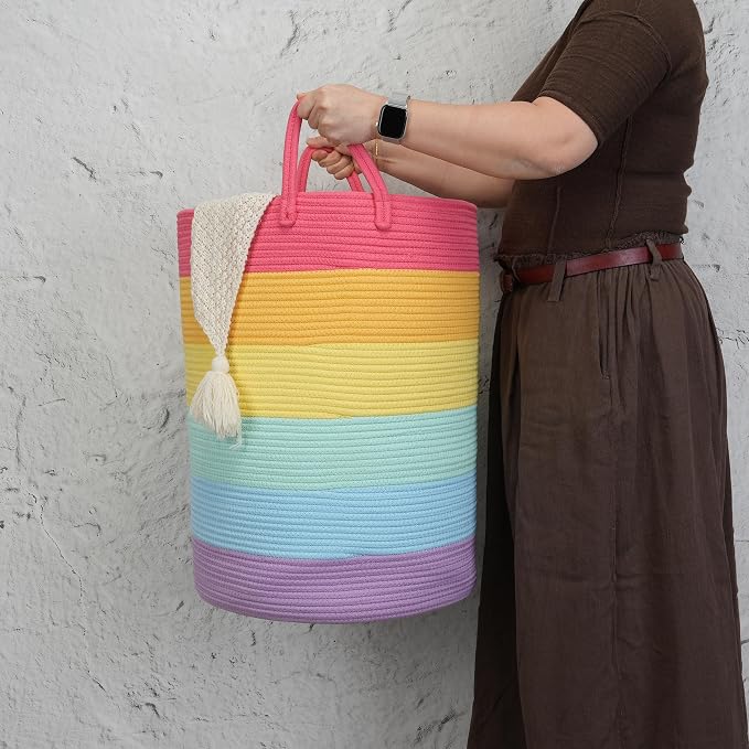 Woven Cotton Rope Laundry basket-16”X22” Laundry Hamper-Rope Storage Basket for Dirty Clothes, Toys and Blankets Perfect for Bathroom, Baby nursery and Living Room Storage (rainbow, Large)