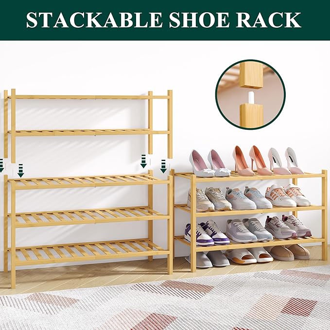 Smiry Bamboo Shoe Rack for Closet, 3 Tier Wooden Shoe Organizer, Stackable Wood Shoe Storage Shelf for Entryway, 14 Vertical Slats, One-piece Heavy-Duty Legs, 26.77"x11.02"x18.31", Natural & White