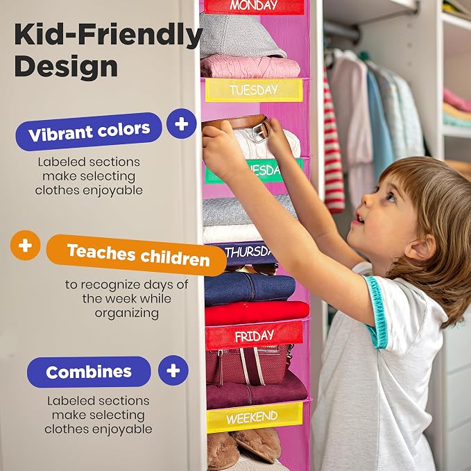 Handy Laundry Weekly Clothes Organizer for Kids, 6-Shelf Bamboo Reinforced | Days of the Week Hanging Closet Shelves, Monday Through Friday and Weekend, School Outfit Storage, Side Pockets, Pink