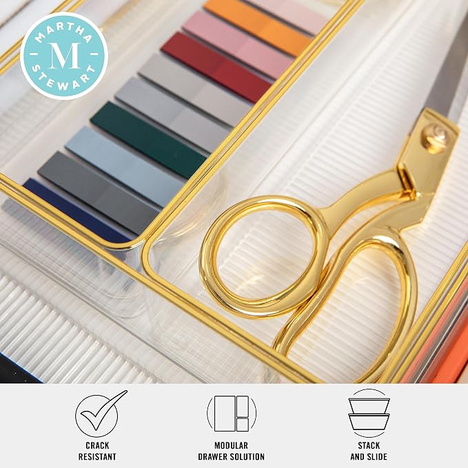 Martha Stewart Kerry Plastic Stackable Office Desk Drawer Organizers, 12" x 3", 6 Pack, with Gold Trim
