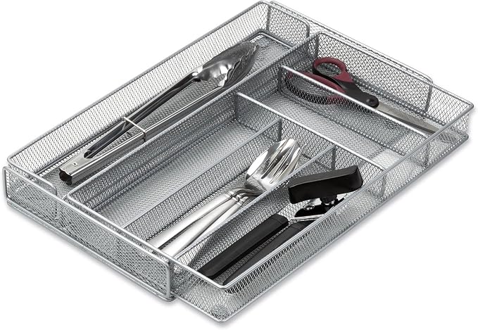 Honey-Can-Do Expandable Steel Mesh Drawer Organizer, 7 Compartments, Silver, Adjustable 11.5 to 20 Inches Wide