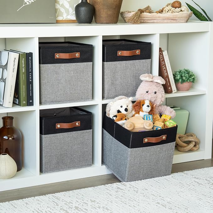 OrganiHaus 11x11 Cube Storage Bins, Set of 4 - Fabric Storage Cubes | Sturdy, holds its shape; odor-free; fits ClosetMaid 11-inch shelves; vegan leather handles