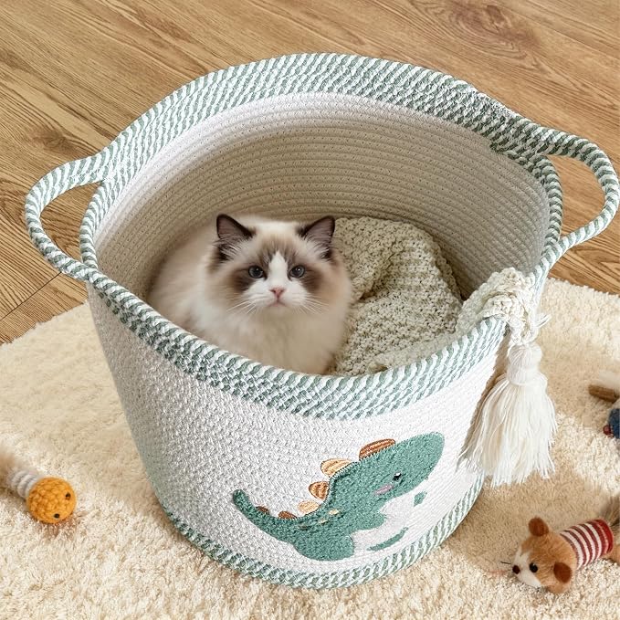 Toy Storage Basket(12"x12"), blanket basket, Cotton Rope Woven Laundry Hamper with Cute Embroidered Dinosaur for Nursery, Living Room, Laundry (Dinosaur)