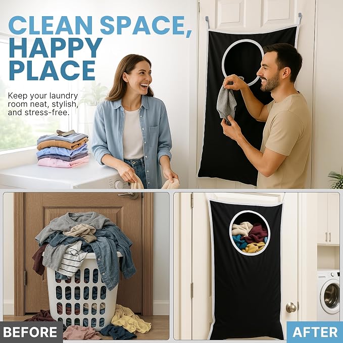 Hanging Laundry Hamper Bag XL 40x22", Space Saving over the Door Storage Bags, Behind the Door Hampers for Dirty Clothes & Wall Mounted Basket for Bathroom