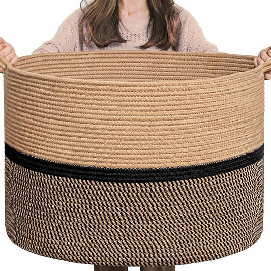 CHICVITA XXL Extra Large Cotton Rope Woven Basket, Throw Blanket Storage Basket with Handles, Decorative Clothes Hamper - 22" x 22" x 14", Brown&Black