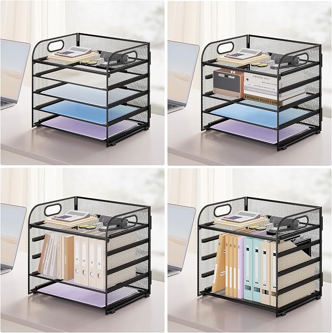 Paper Organizer Letter Tray with Handle Mesh 5 Trays Desk File Organizer Paper Sorter Desk Organizer for Office, Home or School-Black 2 Pack