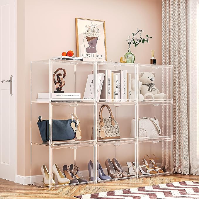 15.75''x11.81''x9.84'' XX-Large Clear Shoe Storage Boxes with Divider, Stackable Plastic Boot Boxes with Magnetic Door, Acrylic display case Box with Lids for Sneaker Purses Handbags Books (1)
