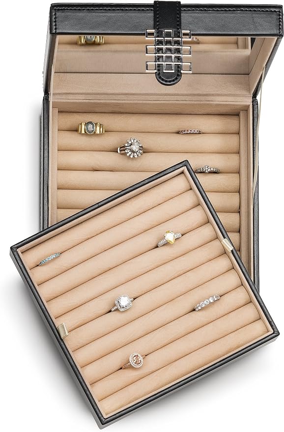 Glenor Co Ring Organizer Box - 108 Slot Classic Jewelry Display Holder - 2 Storage Trays with Modern Buckle Closure, Large Mirror - Holds Rings and Cufflinks - PU Leather Case - Black