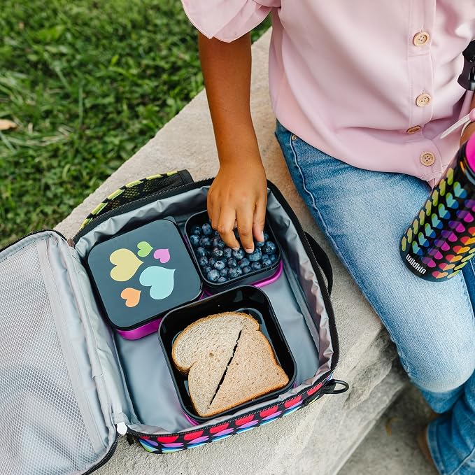 Wildkin Set of 3 Kids Nesting Food Containers for Girls – Stackable, Airtight & BPA-Free Snack Containers, Dishwasher Safe Lunch Box Containers for School & Travel, Ages 3–12 – Rainbow Hearts